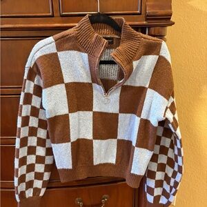 Almost Famous Brown and White Checkered Zip-Up Sweater